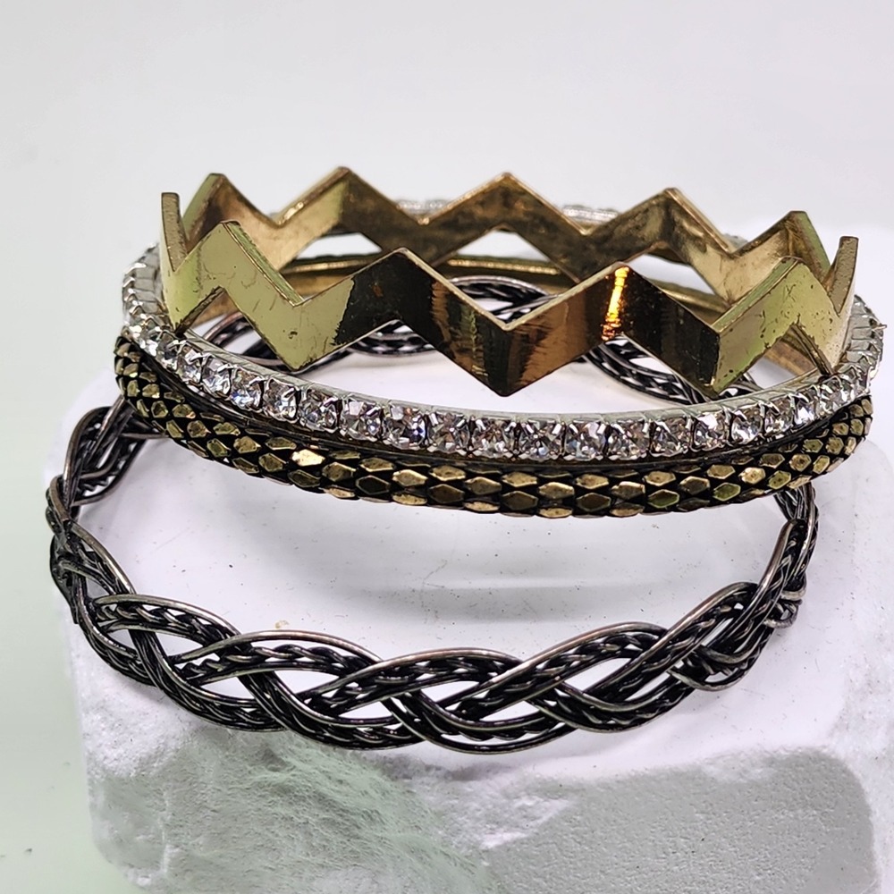 4pc Mixed Metal Bangle Bracelet Set Rhinestone Braided Zigzag Gold & Silver Tone